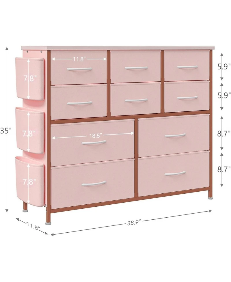 gaomon 10 Drawers Fabric Storage Drawer, Dressers & Chest of with Side Pockets, Hooks, Wood Tabletop for Closet, Living Room