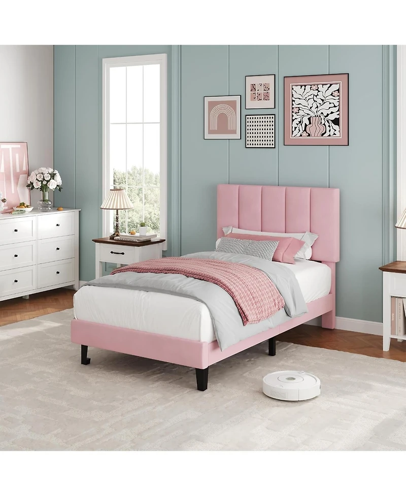 gaomon Velvet Upholstered Platform Bed Frame with Adjustable Headboard, No Box Spring Needed