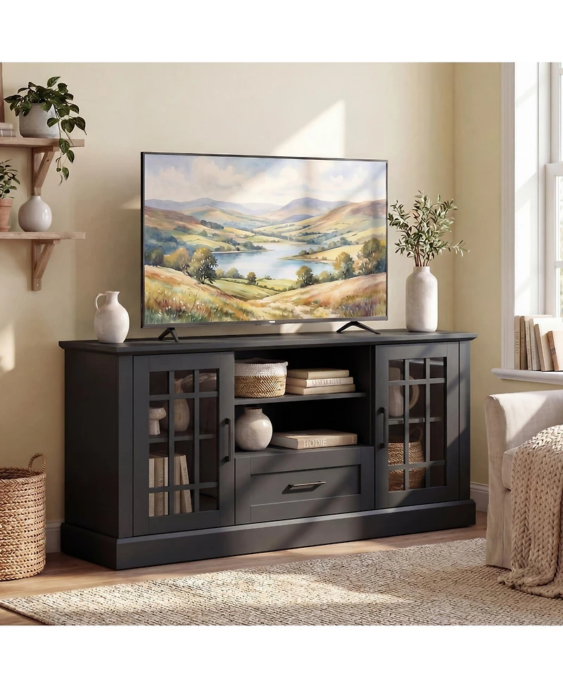 Gymax Farmhouse Tv Stand for TVs up to 70'' Entertainment Media Center Storage Cabinet w/Glass Doors