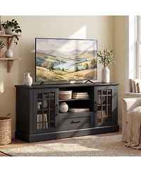 Gymax Farmhouse Tv Stand for TVs up to 70'' Entertainment Media Center Storage Cabinet w/Glass Doors