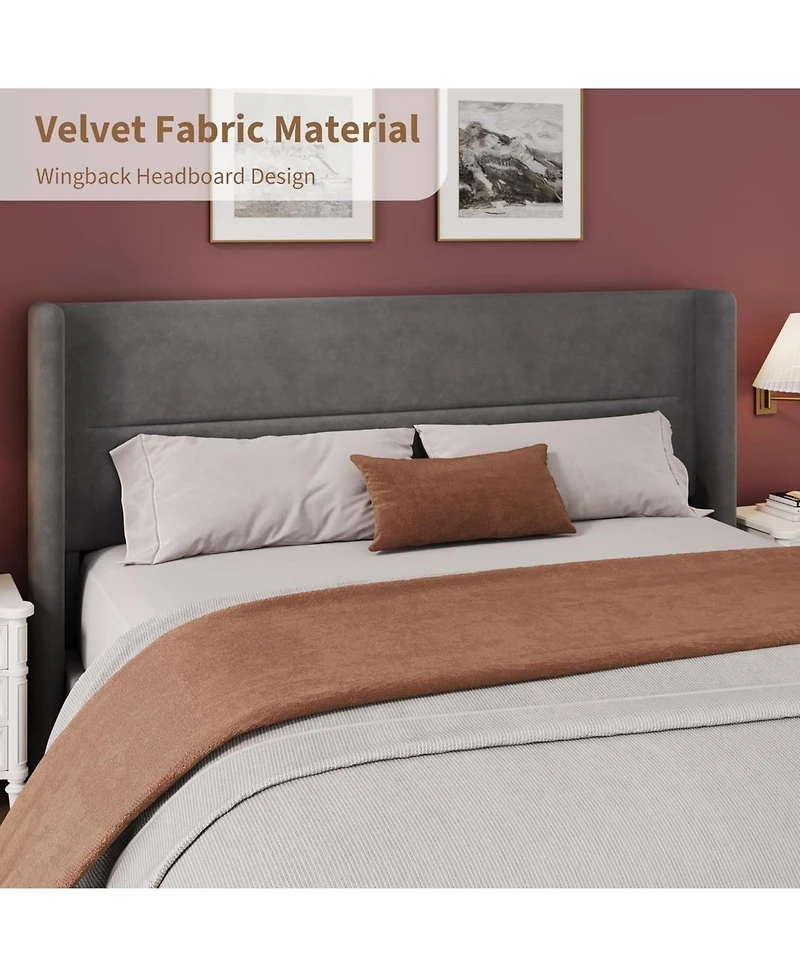 gaomon King Velvet Bed Frame with Wingback Headboard, Upholstered Platform Bed with Wood Slats