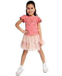 Kids Headquarters Girls' 4-6X Flutter Sleeve Ribbed Top and Printed Tulle Skort, 2-Piece Set