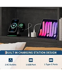 gaomon Queen Bed Frame with Storage Bookcase Headboard & 4 Drawers, Wood Platform Bed with Charging Station