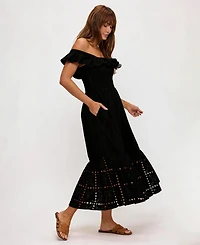 Dotti Women's Off-The-Shoulder Flounced Smocked Midi Dress