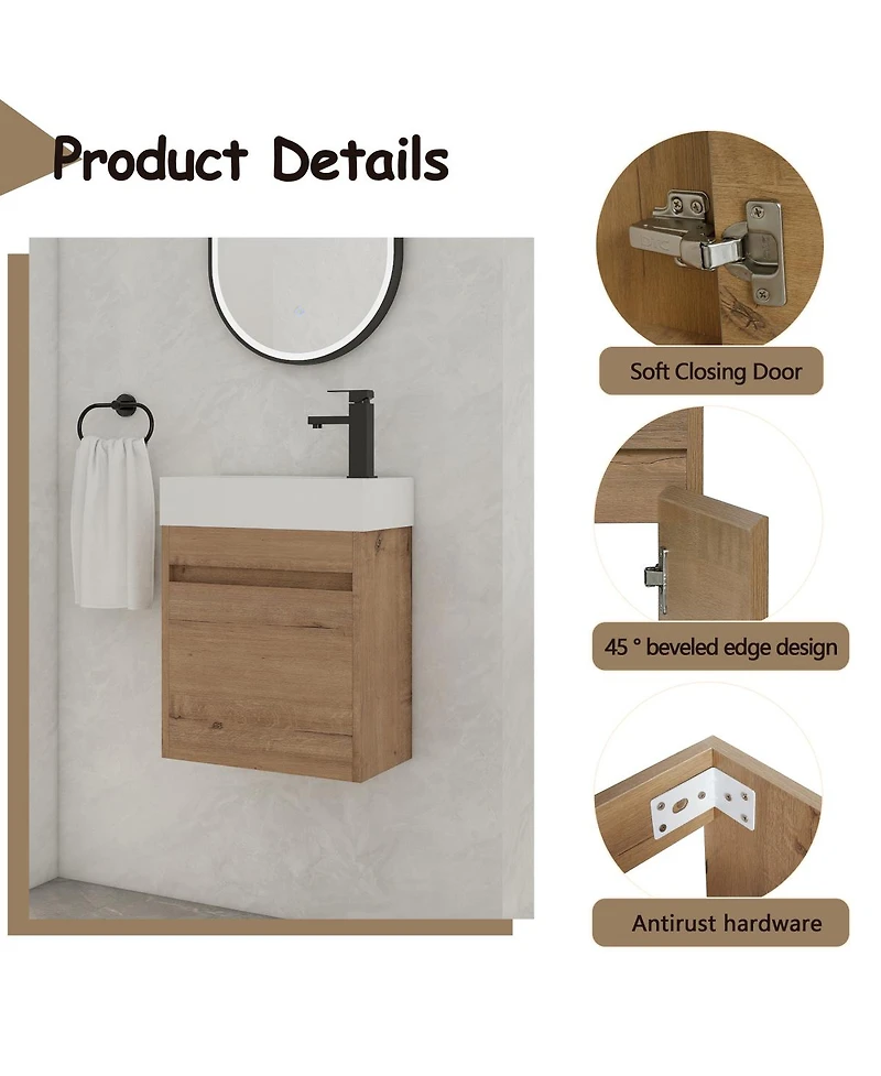 Sillysis 18" Wall Mounted Bathroom Vanity with Resin Sink, Soft Close Door & Ample Storage for Small Spaces