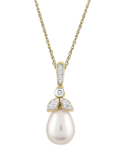 Macy's Cultured Freshwater Pearl (10x7mm) & White Diamond (1/20 ct. t.w.) Pendant Necklace in 10k Yellow Gold