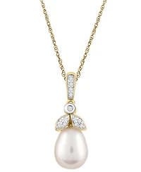 Macy's Cultured Freshwater Pearl (10x7mm) & White Diamond (1/20 ct. t.w.) Pendant Necklace in 10k Yellow Gold