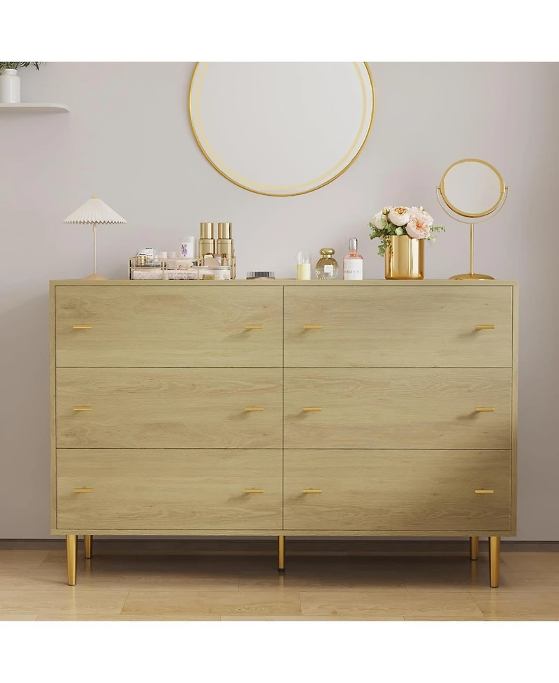 gaomon Farmhouse 6-Drawer Dresser, 47.2" Wide Rustic Wooden Chest with Bar Handles, Large Storage Organizer for Bedroom, Living Room, Entryway