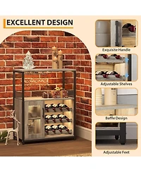 Wooden Wine Bar Cabinet with Led Light, Adjustable Shelves, Glass Holders & Mesh Door, Compact Sideboard