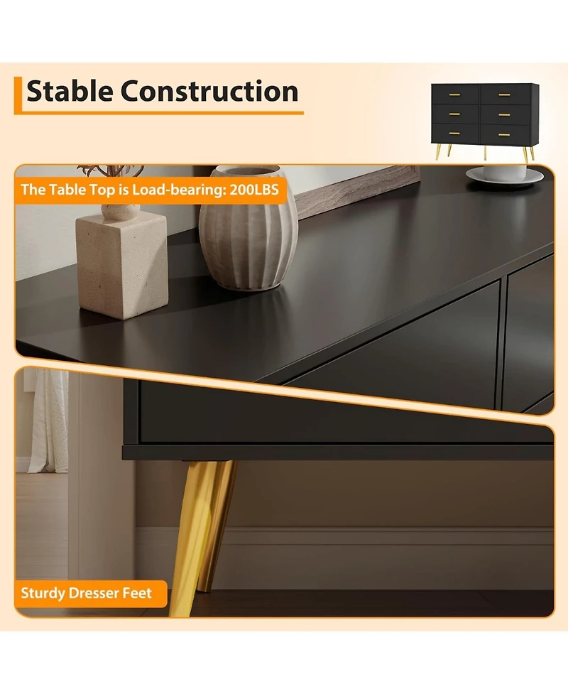 gaomon 6-Drawer Wide Chest, Contemporary Wood Storage, Bedroom Dresser with Sliding Drawers, Office, Lounge