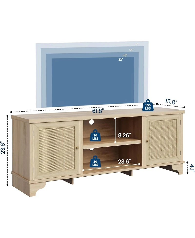 gaomon 61.8" Rattan Tv Stand for TVs up to 70", Boho Entertainment Center Table, Media Console with Storage