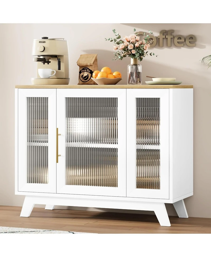 gaomon 36 Inch Small Buffet Storage Cabinet with Adjustable Shelf and Fluted Glass Door Mid-Century Modern Design Top