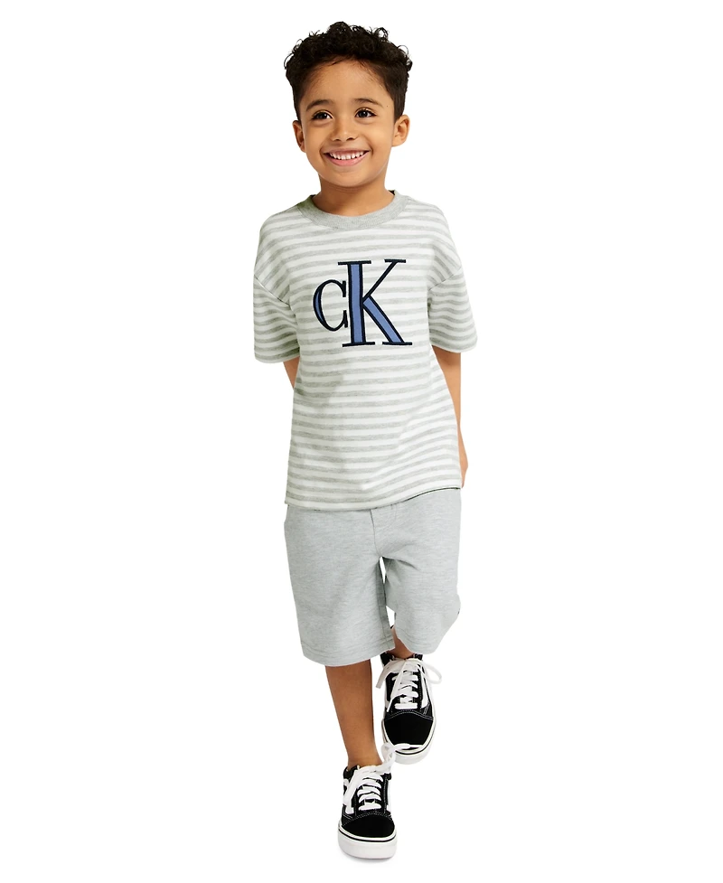 Calvin Klein Toddler and Little Boys' 2T-7 Relaxed Striped T-shirt French Terry Cargo Shorts, 2-Piece Set