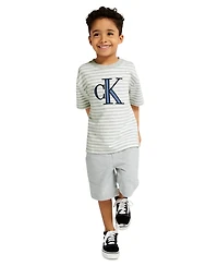 Calvin Klein Toddler and Little Boys' 2T-7 Relaxed Striped T-shirt French Terry Cargo Shorts, 2-Piece Set