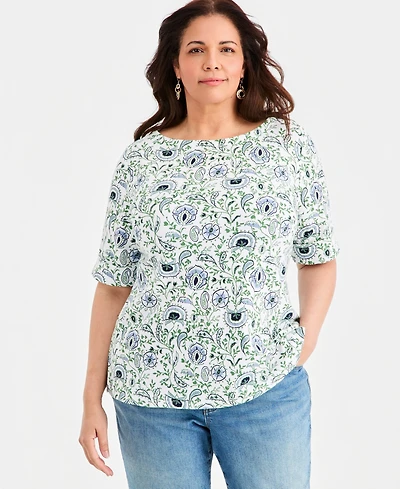 Style & Co Plus Printed Boat-Neck Elbow-Sleeve Top, Macy's Exclusive