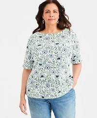 Style & Co Plus Printed Boat-Neck Elbow-Sleeve Top, Macy's Exclusive
