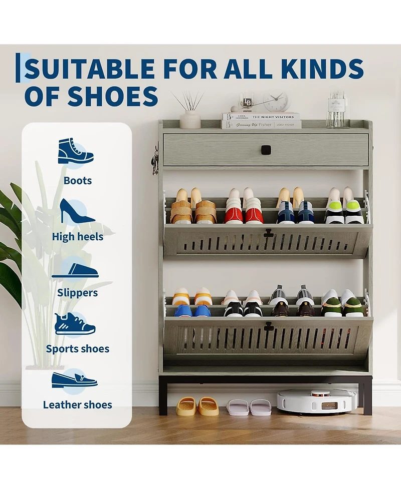gaomon Compact Shoe Storage Cabinet with 2 Flip Drawers and Top Drawer