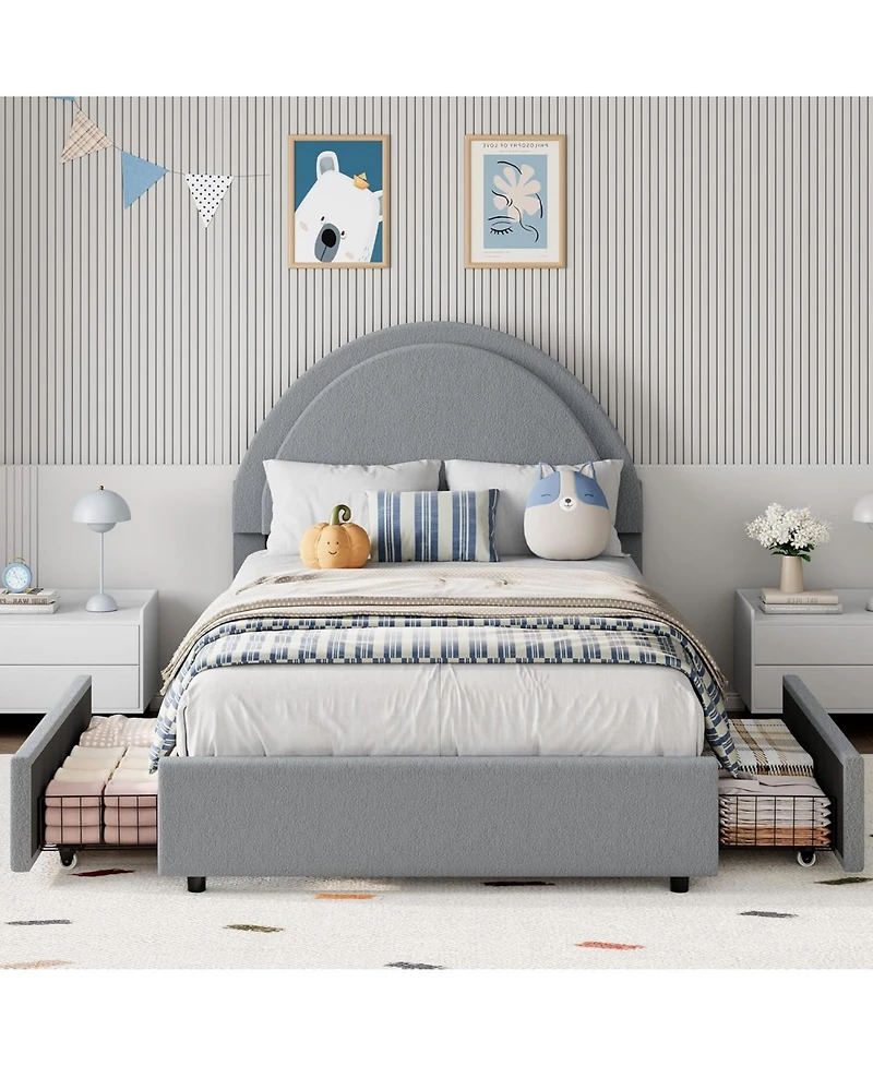 gaomon Boucle Bed Frame with 2 Drawers Upholstered Platform Round Headboard Wood Slats No Box Spring