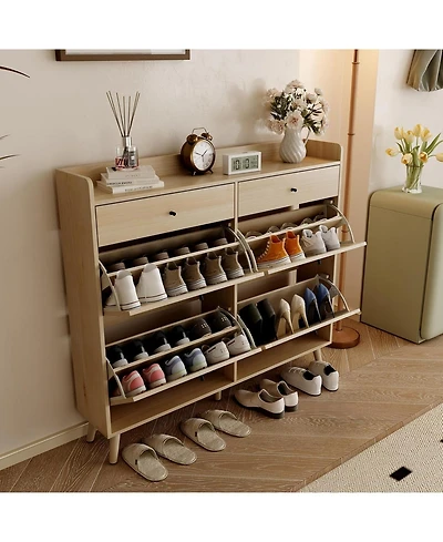 gaomon Rattan Shoe Cabinet Storage for Entryway, Shoe Organizer Cabinet with 4 Flip Drawers and 2 Slide Drawers, Hidden Shoe Storage Free Standing