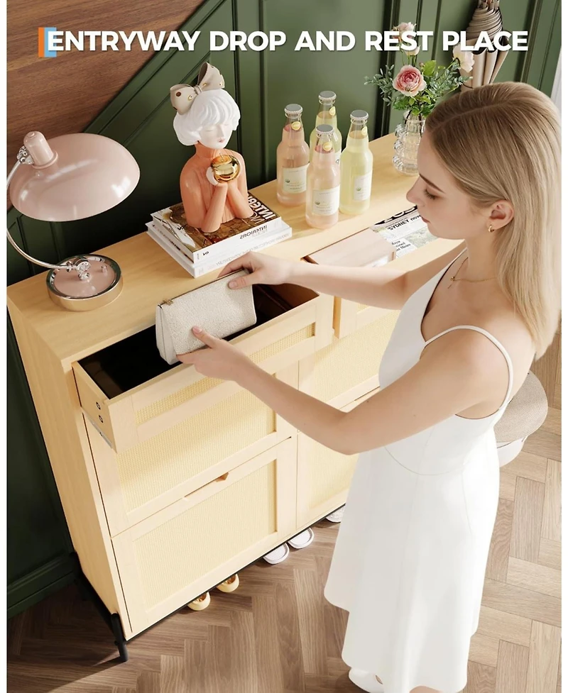 gaomon Freestanding Wooden Rattan Shoe Cabinet with 4 Flip Drawers and 2 Top Drawers