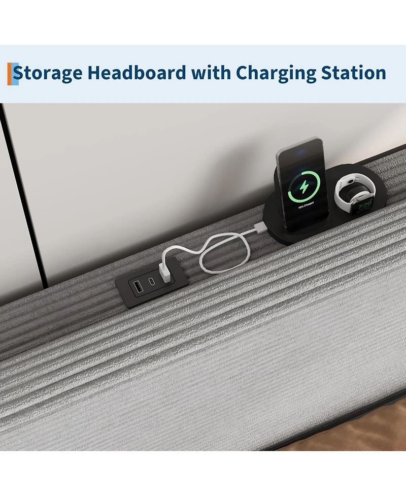 gaomon King Bed Frame with Charging Station, Corduroy Upholstered Platform Bed with Headboard Shelf, Wooden Slats, Noise Free, Easy Assembly