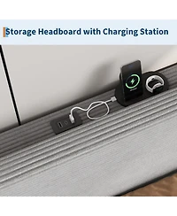 gaomon King Bed Frame with Charging Station, Corduroy Upholstered Platform Bed with Headboard Shelf, Wooden Slats, Noise Free, Easy Assembly