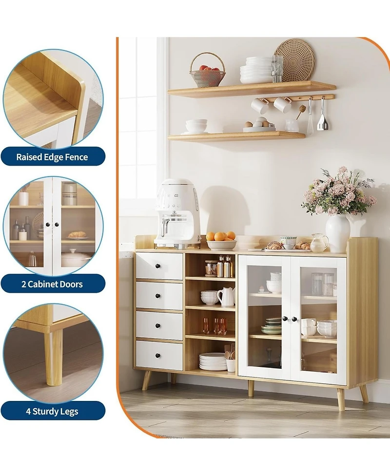 Farmhouse Sideboard Buffet Cabinet with Adjustable Shelves Glass Doors and Open Storage for Kitchen Dining and Entryway Wood