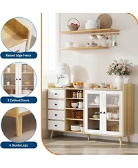 Farmhouse Sideboard Buffet Cabinet with Adjustable Shelves Glass Doors and Open Storage for Kitchen Dining and Entryway Wood