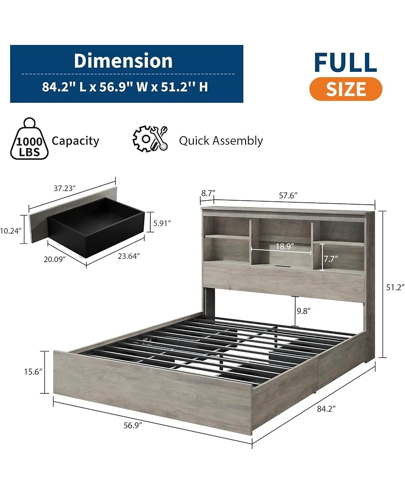 gaomon Full Bed Frame with Storage Headboard & 4 Drawers, Wood Platform Bed with Charging Station, No Box Spring