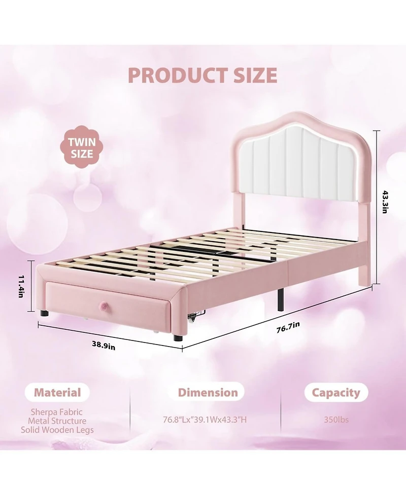 gaomon Bed Frame with Led Lights Storage Drawer Velvet Platform for Kids Wood Slats