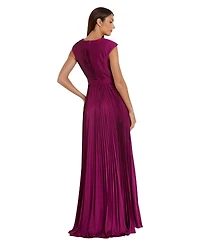 Mac Duggal Women's Ieena Pleated Plunge Neck Belted Satin Gown