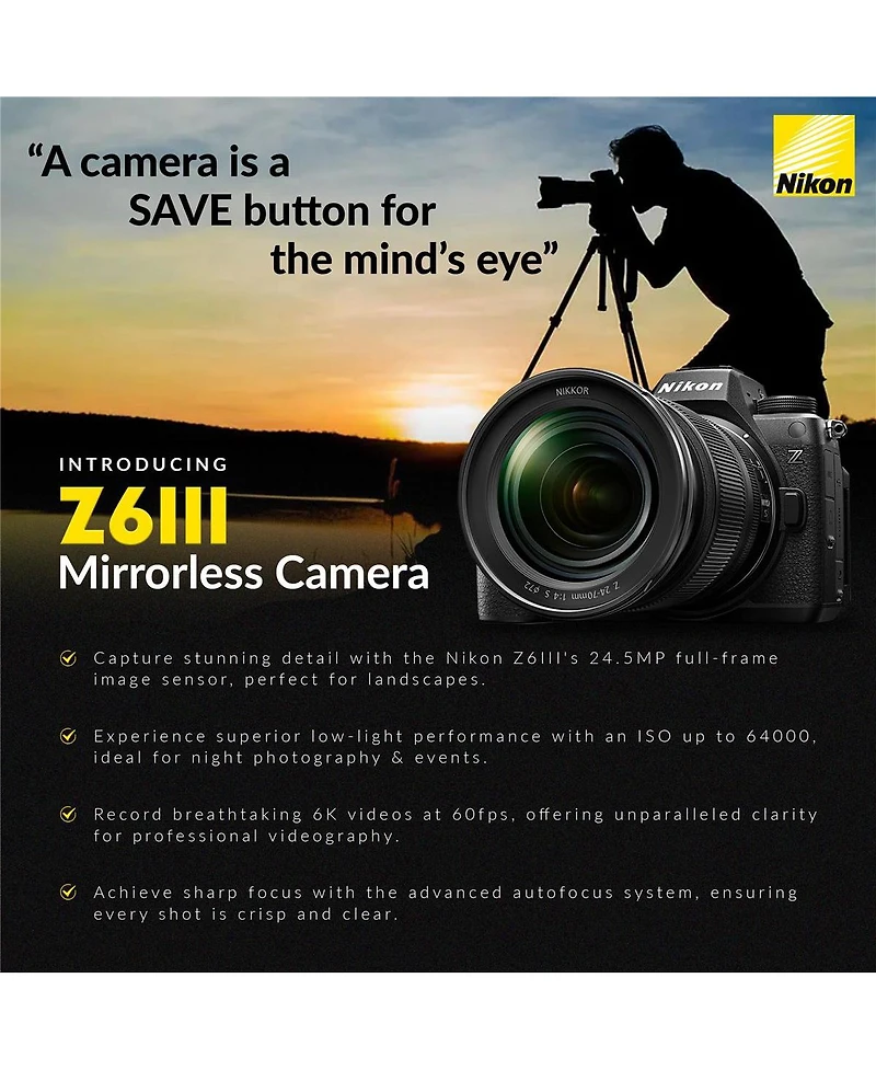 Nikon Z6III Mirrorless Camera with Nikkor Z 24-70mm f/4 S Lens, Bundle with Ftz II Adapter