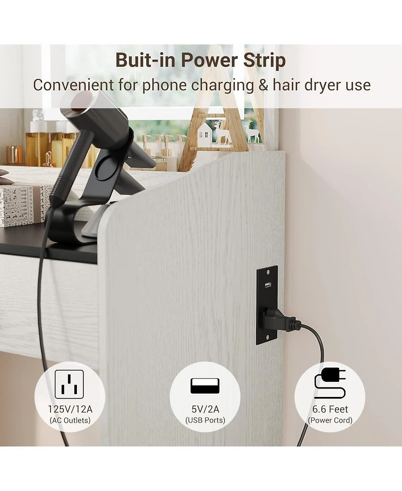 gaomon Vanity Desk with Led Mirror & Charging, Small Makeup Vanity Set, 2 Drawers, Stool, Storage for Girls