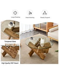 Rainsken Round Glass Top Coffee Tables, Modern Unique Center Table with Crossed Wood Legs for Living Room