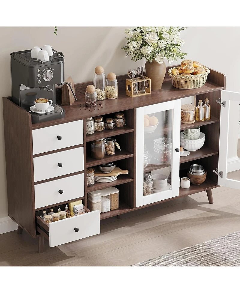 gaomon Farmhouse Sideboard Buffet Cabinet with Adjustable Shelves Glass Doors and Open Storage for Kitchen Dining and Entryway Walnut