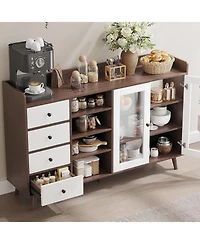 gaomon Farmhouse Sideboard Buffet Cabinet with Adjustable Shelves Glass Doors and Open Storage for Kitchen Dining and Entryway Walnut