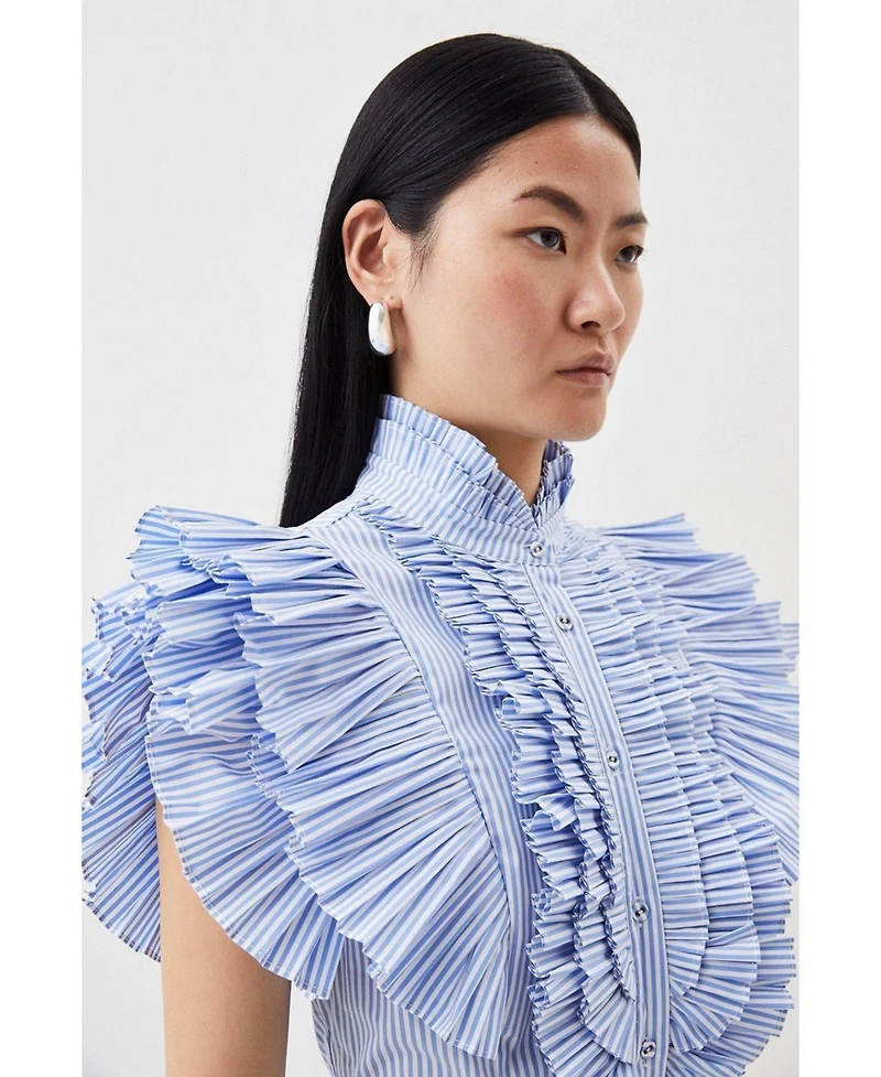 Karen Millen Women's Sleeveless Striped Pleated Ruffle Blouse