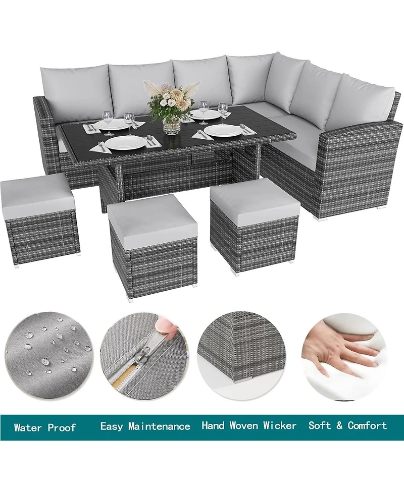 Gaomon 7 piece outdoor patio furniture set with all weather rattan sectional sofa, dining table, and seating for up to 9-ideal for garden or porch.