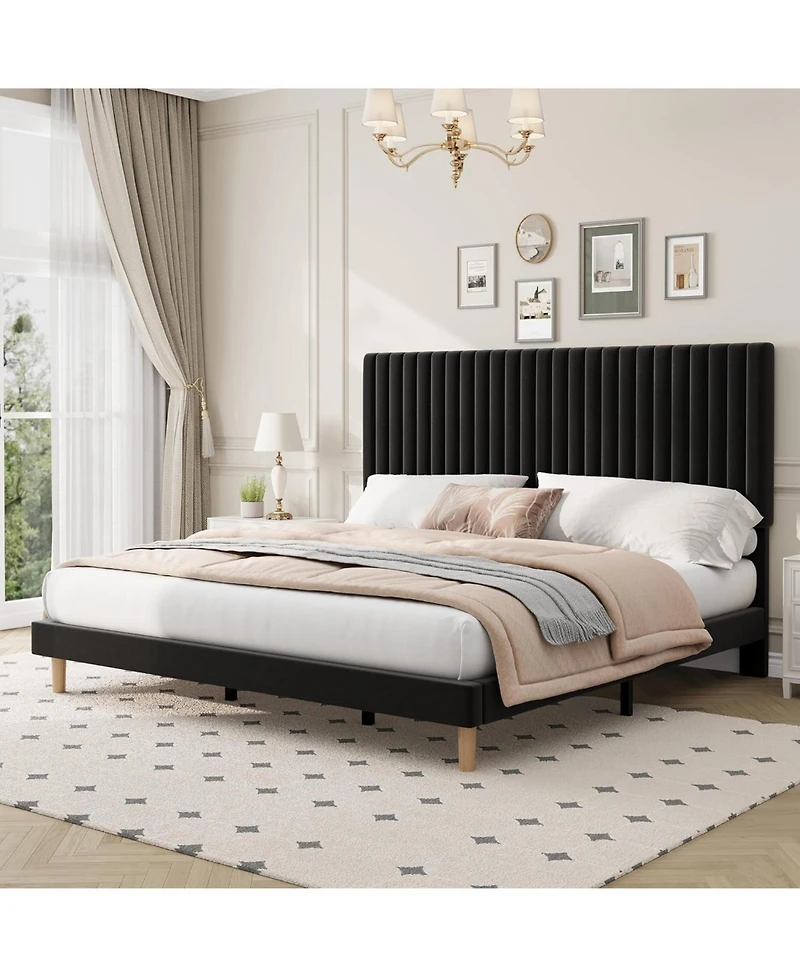 gaomon Velvet Platform Bed Frame with Vertical Channel Tufted Adjustable Headboard, Wooden Slats Support, No Box Spring