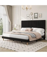 gaomon Velvet Platform Bed Frame with Vertical Channel Tufted Adjustable Headboard, Wooden Slats Support, No Box Spring