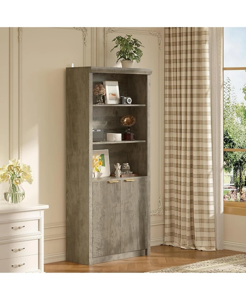 Gaomon tall wooden bookcase with doors, 5 shelves, adjustable top shelf, and large storage cabinet—modern design for home or office.