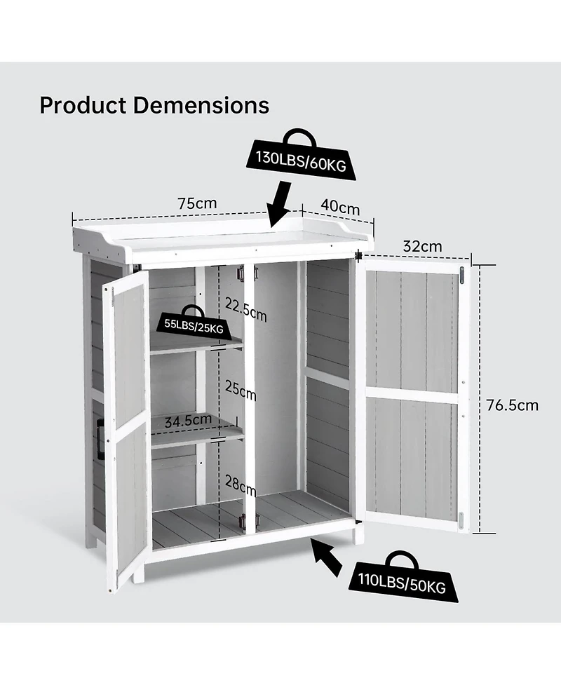 gaomon Outdoor wooden potting bench with metal worktop, waterproof storage cabinet, adjustable shelves, and double doors—ideal for gardening ta
