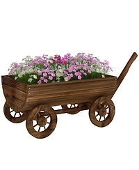 Outsunny Wooden Wagon Planter Box, Mobile Garden Planter with 4 Wheels