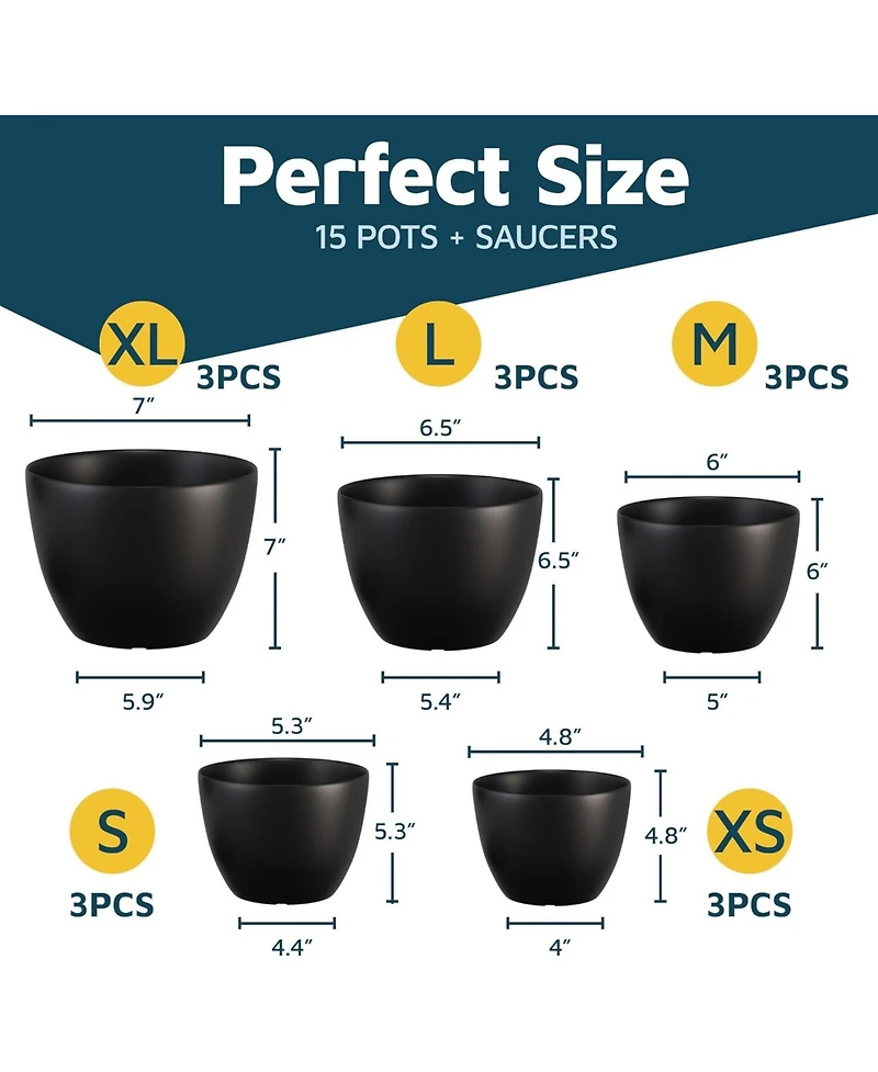 Lifemaster Plant Pots 15 Pack with Drainage Holes & Saucers, Durable & Weatherproof Stackable Indoor & Outdoor Planters