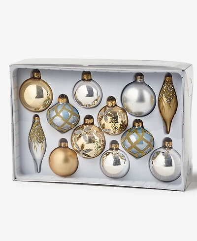Holiday Lane Opulence Glass Gold-Tone, Silver-Tone & Blue Mixed Ornaments, Set of 12, Macy's Exclusive