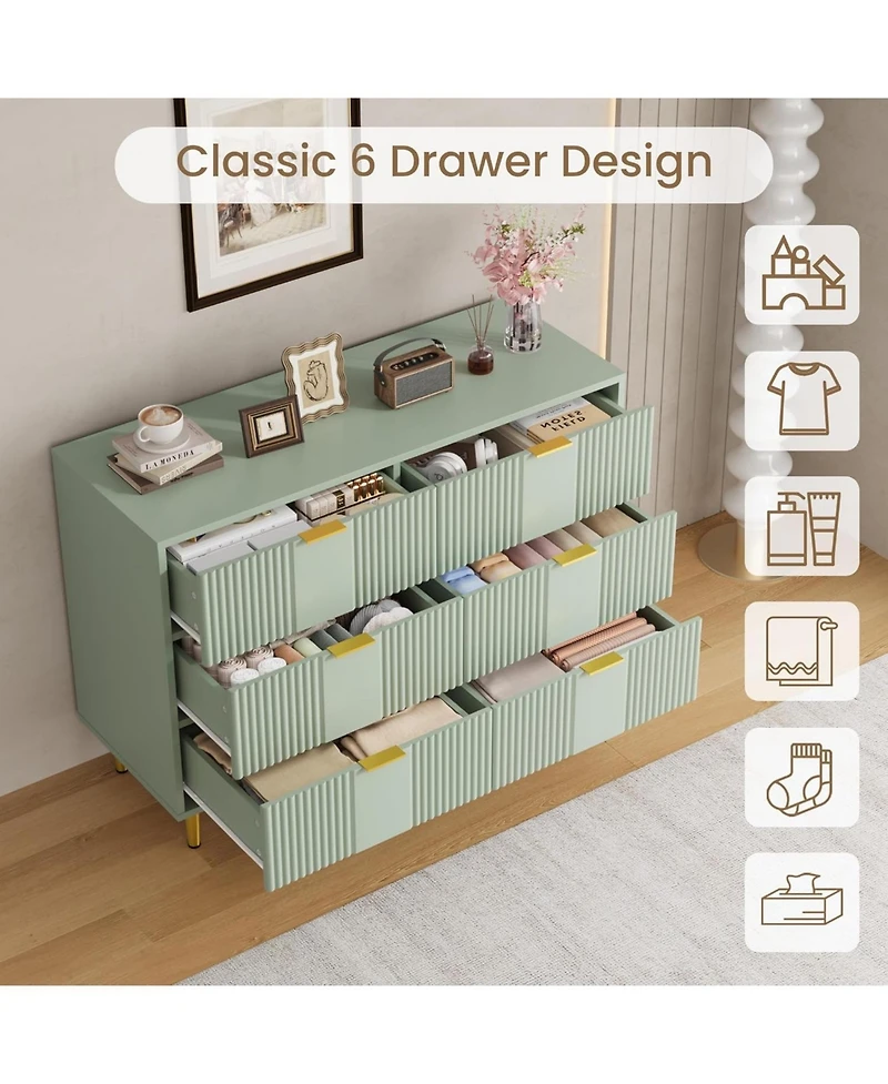 gaomon Fluted 6-Drawer Dresser, 39.4" Wide Modern Wooden Chest with Metal Handles, Wide Storage Organizer for Bedroom, Living Room, Hallway
