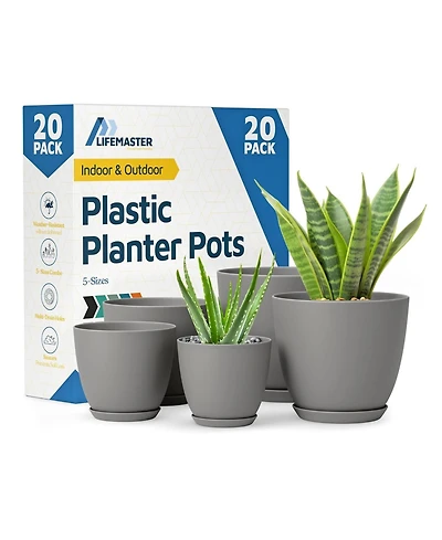 Lifemaster Gray Planter Pots 20-Pack with Drainage Holes, Lightweight, Durable & Space-Saving Indoor & Outdoor Plastic Planters