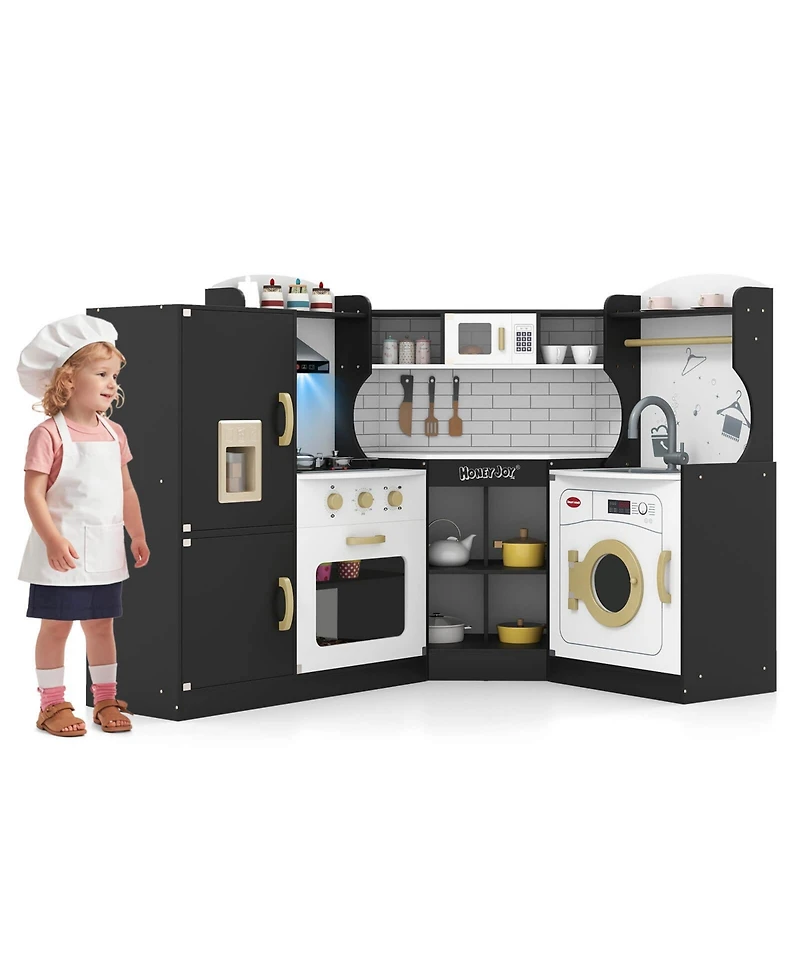 Corner Play Kitchen Toddler Playset with Range Hood, Ice Maker, Microwave