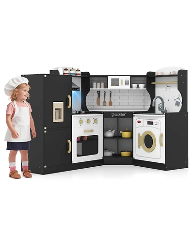 Corner Play Kitchen Toddler Playset with Range Hood, Ice Maker, Microwave