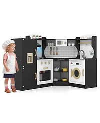 Corner Play Kitchen Toddler Playset with Range Hood, Ice Maker, Microwave